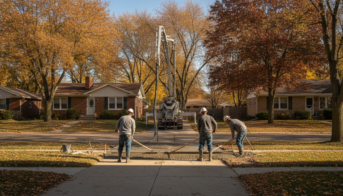 Construction crew preparing a driveway in a residential Minnesota neighborhood during autumn.